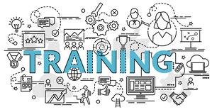 The word training surrounded by doodles of thinking and learning