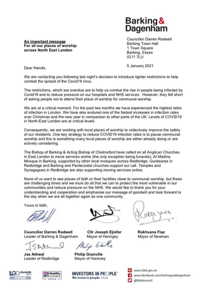 Places of Worship to close letter