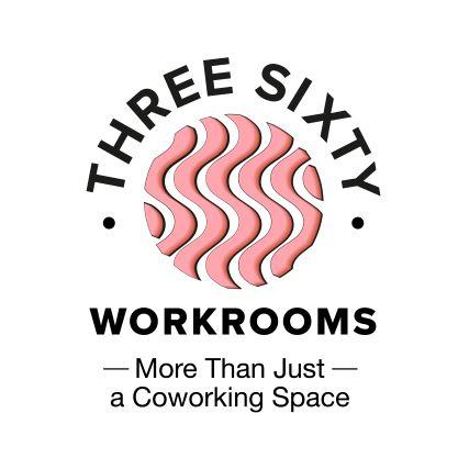 Pink swirly lines over the text Three Sixty workrooms, more than just a coworking space