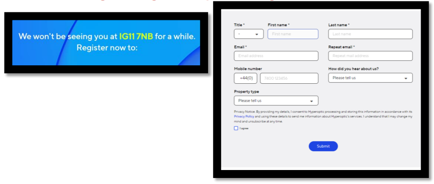 An image showing Hyperoptic broadband is not available and a registration form to register your interest