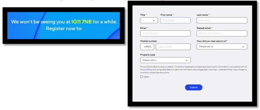 An image showing Hyperoptic broadband is not available and a registration form to register your interest 