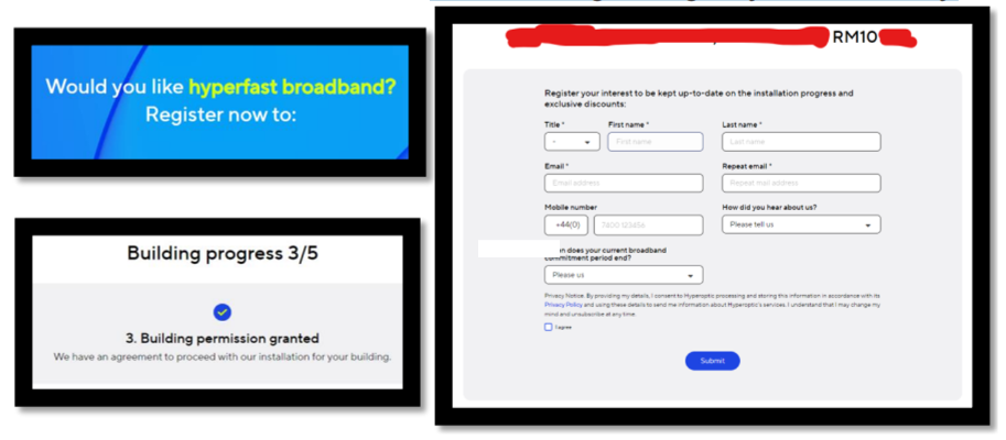 An image showing Hyperoptic broadband is not currently available, but building process has started and a registration form to register your interest 