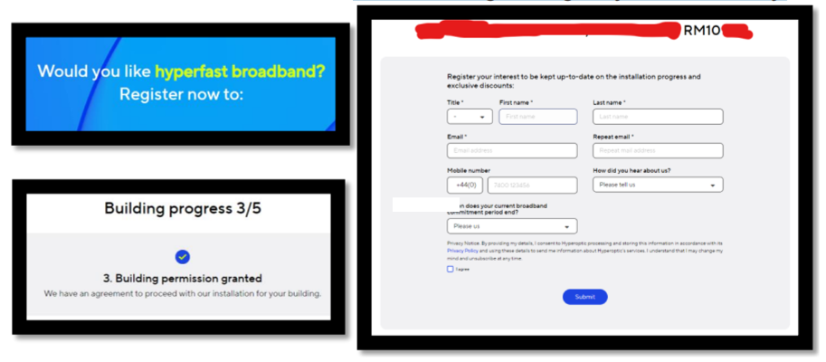 An image showing Hyperoptic broadband is not currently available, but building process has started and a registration form to register your interest