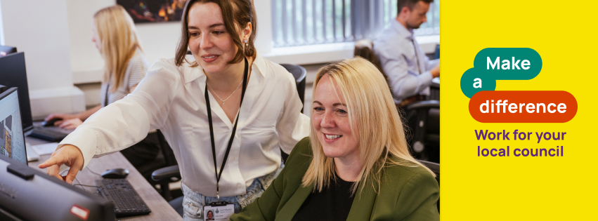Recrtuiment campaign of ladies working in an office on their computers with headsets on