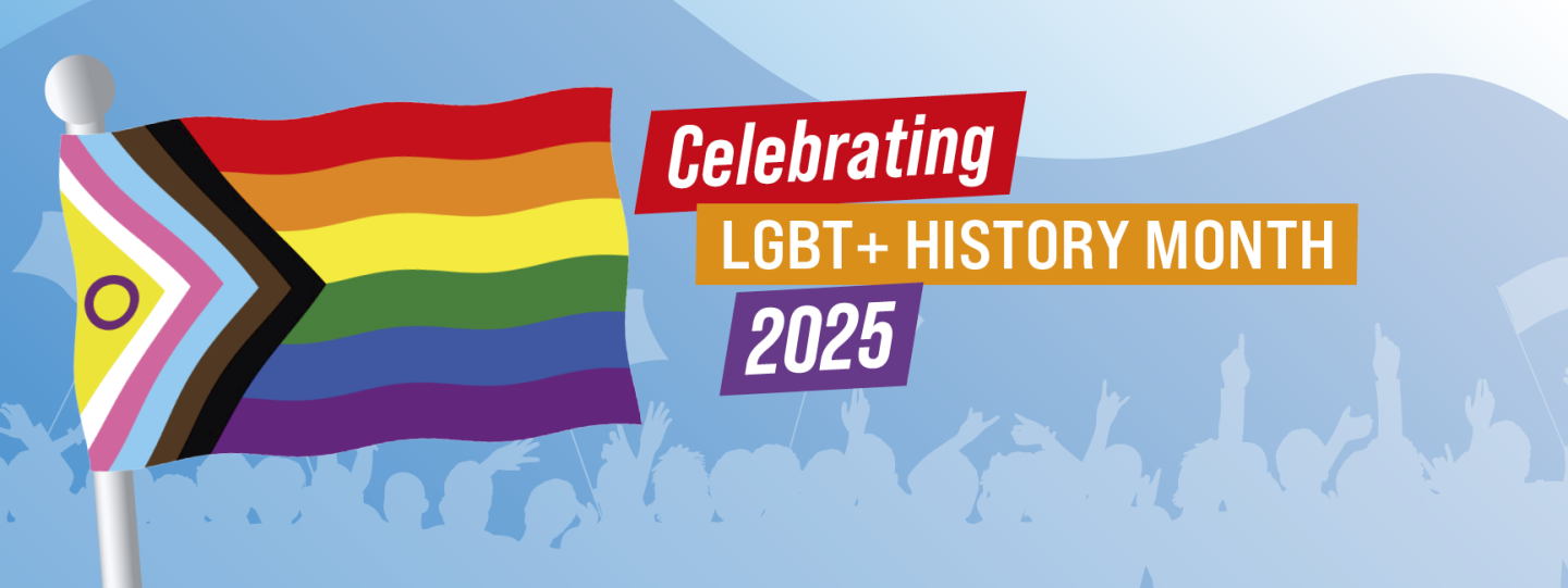 LGBTQ+ History Month text next to a flying progress flag
