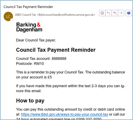 Council tax email from the council