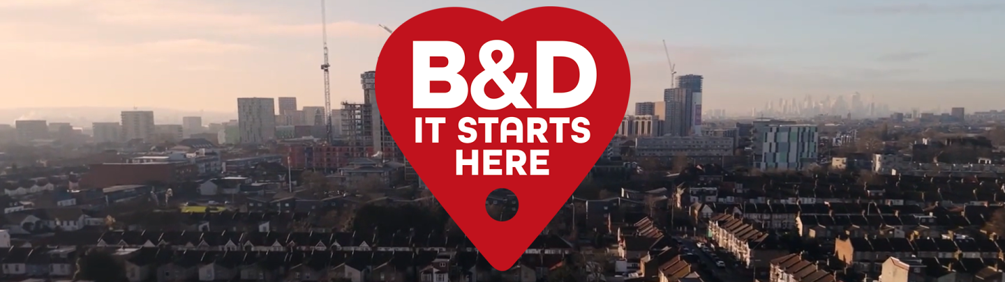 Barking landscape with a large B&D It starts here logo in the foreground