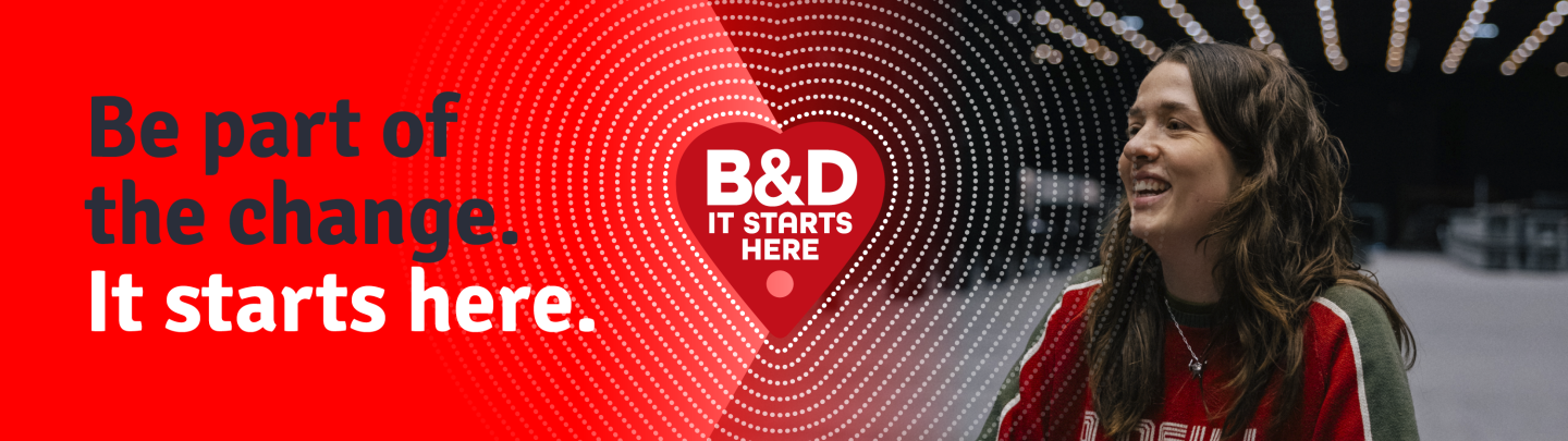 Be part of the change.  It starts here text banner with red heart and image of woman smiling