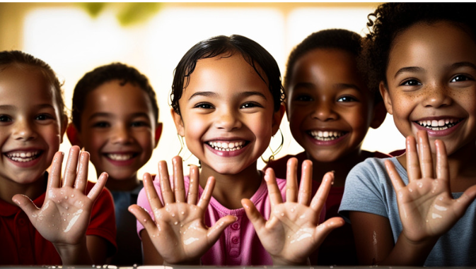 Diverse group of young children holding their palms towards the camera