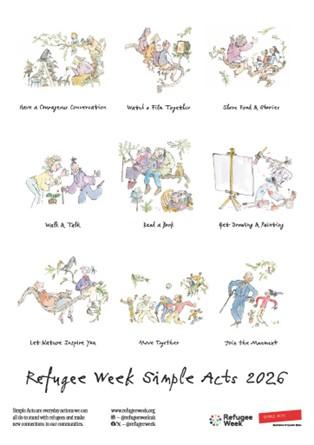 Poster showing the 'courageous simple acts' Courage Refugee Week Illustrations by Quentin Blake