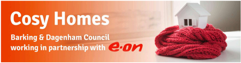 Banner with an image of a small toy house wrapped in a scarf with text saying Barking and Dagenham Council working in partnership with Eon