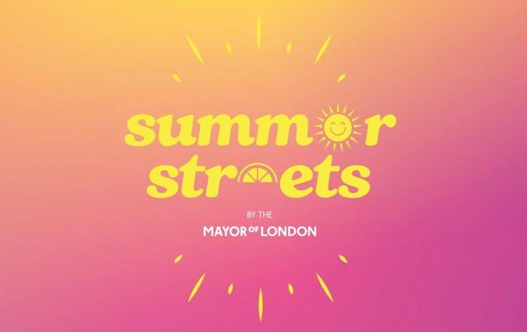 summer streets logo.  a pink ombre background with yellow text saying summer streets and a sun logo