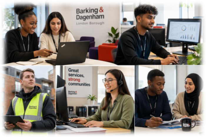 On 5 different images a diverse set of young people are shown to be working different type of council jobs