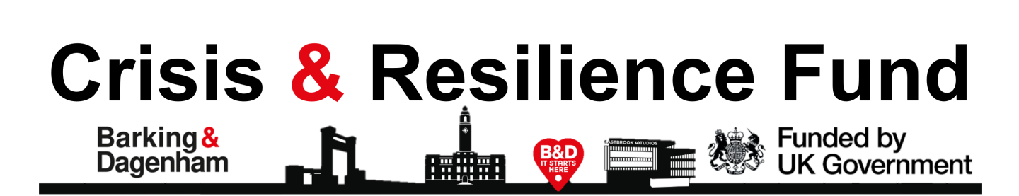 Logo with the text Crisis and Resilience Fund (CRF) written above with the LBBD logo, B&D It starts here, Funded by UK Government logos and icons of B&D buildings on the bottom