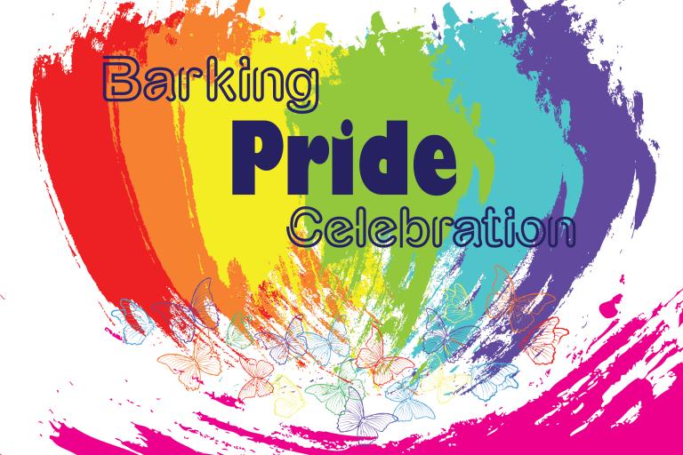 The text 'Barking Pride Celebration' over rainbow paint brush strokes, with rainbow coloured butterflies on the bottom.