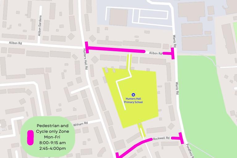 A map showing the location of the School Street for Hunters Hall Primary School