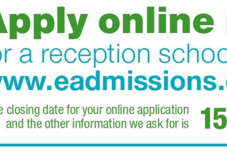 Icon of computer with text saying: For a reception school place www.eadmissions.org.uk The closing date for your online application and the other information we ask for is 15 January 2025