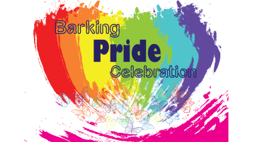 The text 'Barking Pride Celebration' over rainbow paint brush strokes, with rainbow coloured butterflies on the bottom.