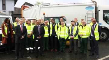 Photo of the new refuse staff, along with the management team, Councillor Syed Ghani and Leader of the Council Darren Rodwell at Frizlands Lane Recycling Centre