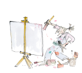 In this illustration a person is passionately painting in front of a canvas