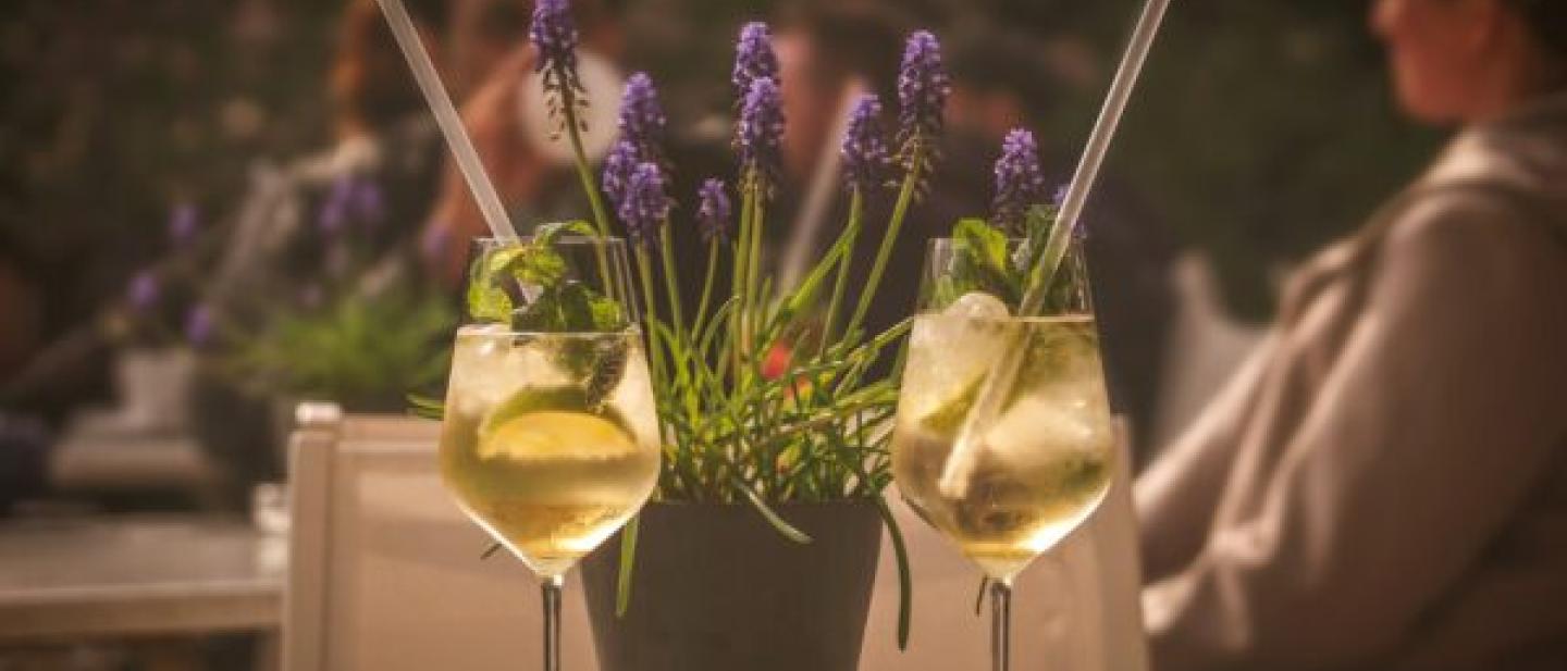 Image of two wine glasses on a table with flowers behind them