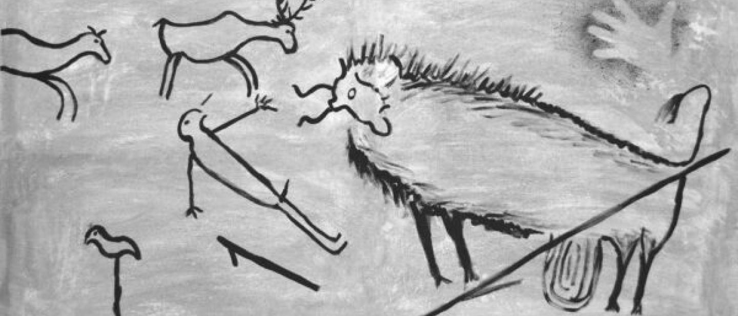 Black and white image of cave paintings