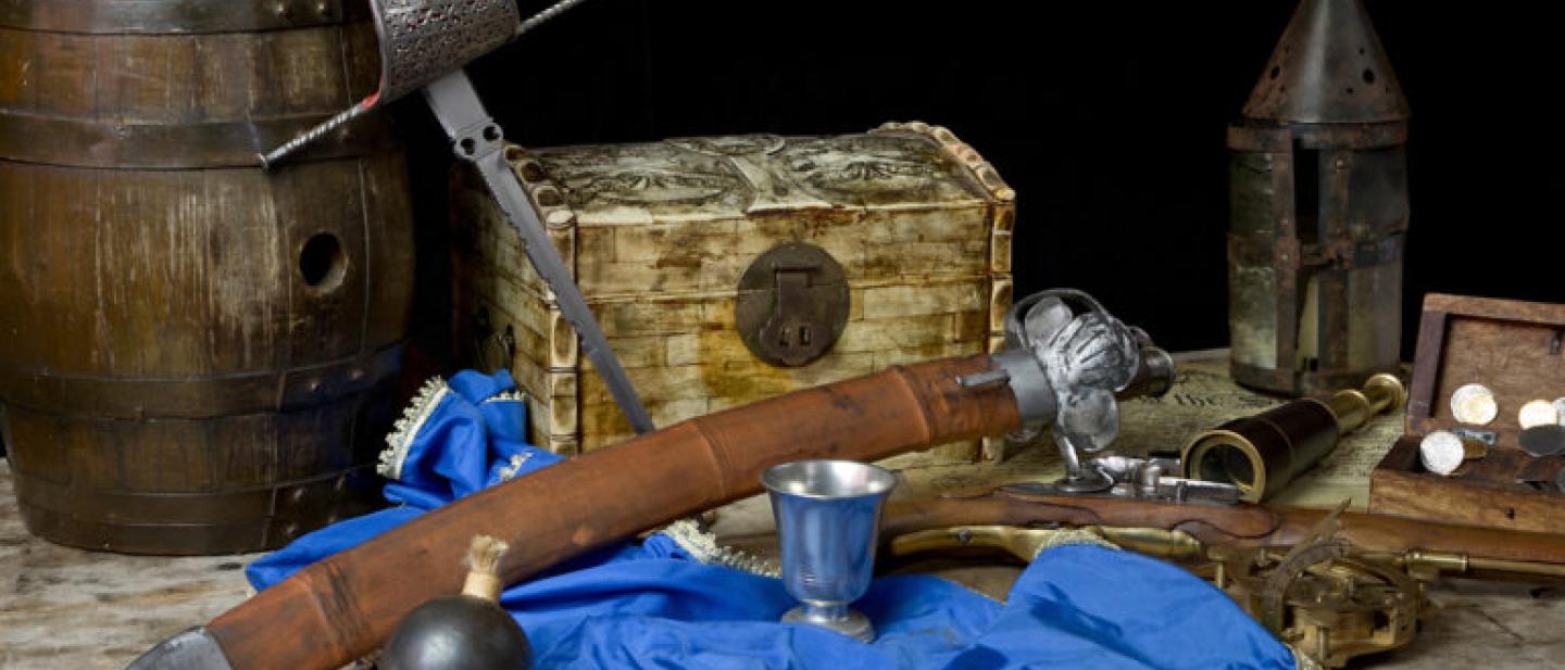 Sword, treasure chest and pirate hat and eyepatch