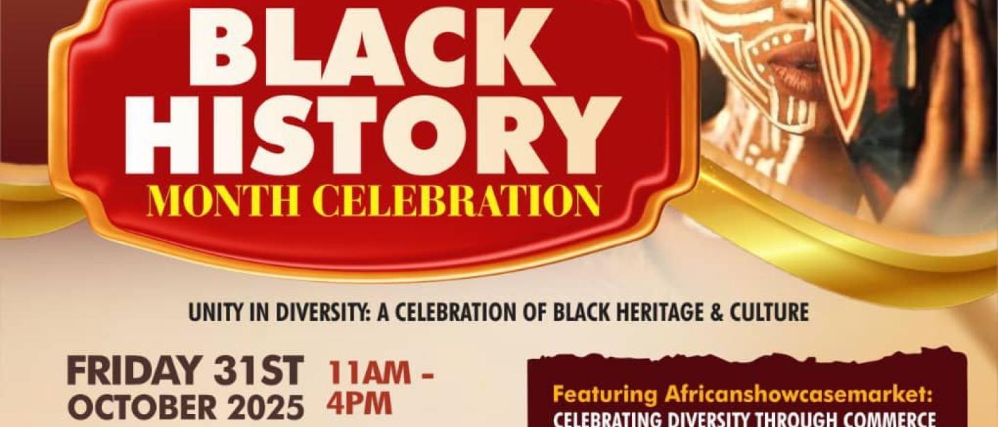 Poster with African visuals and a black woman in tribal face paint. Containing the information that can also be found on the page.