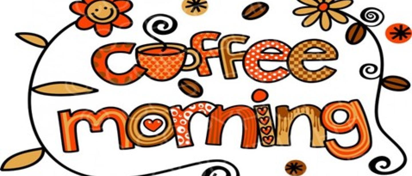 Stylised text saying 'coffee morning' surrounded by brown flowers and coffee beans
