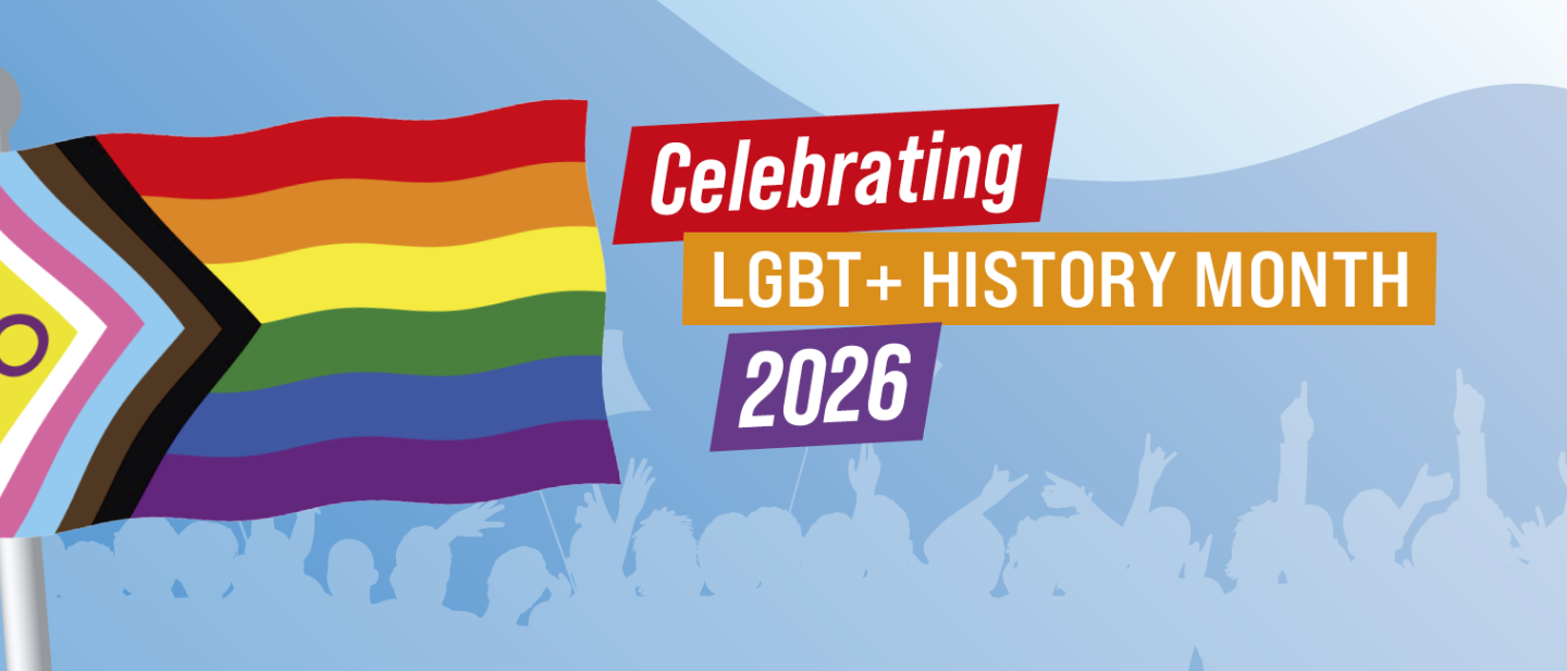 LGBTQ+ History Month text next to a flying intersex inclusive progress flag