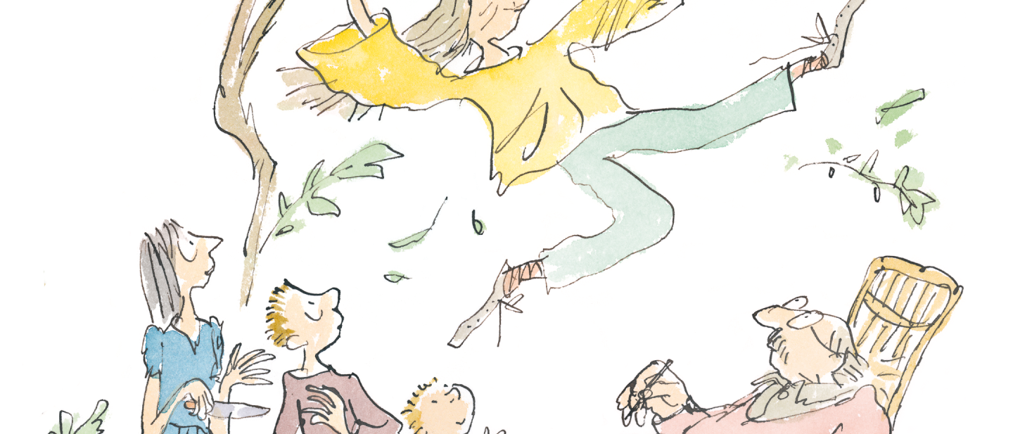 In this illustration a young person is hopping over a group of people who sit under them eating cake or reading