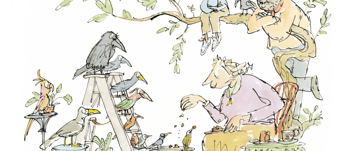 The illustration shows people sitting around with various birds feeding them 