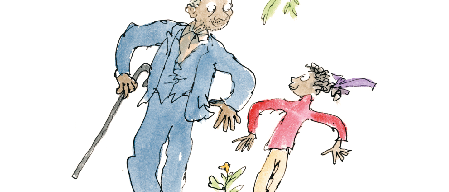 In this illustration 2 people are dancing together under the branch of a tree