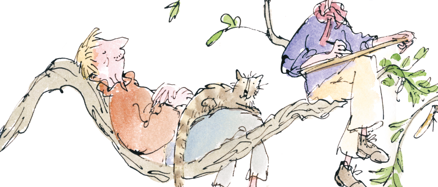 In this illustration two people sit on branches of a tree, surrounded by birds
