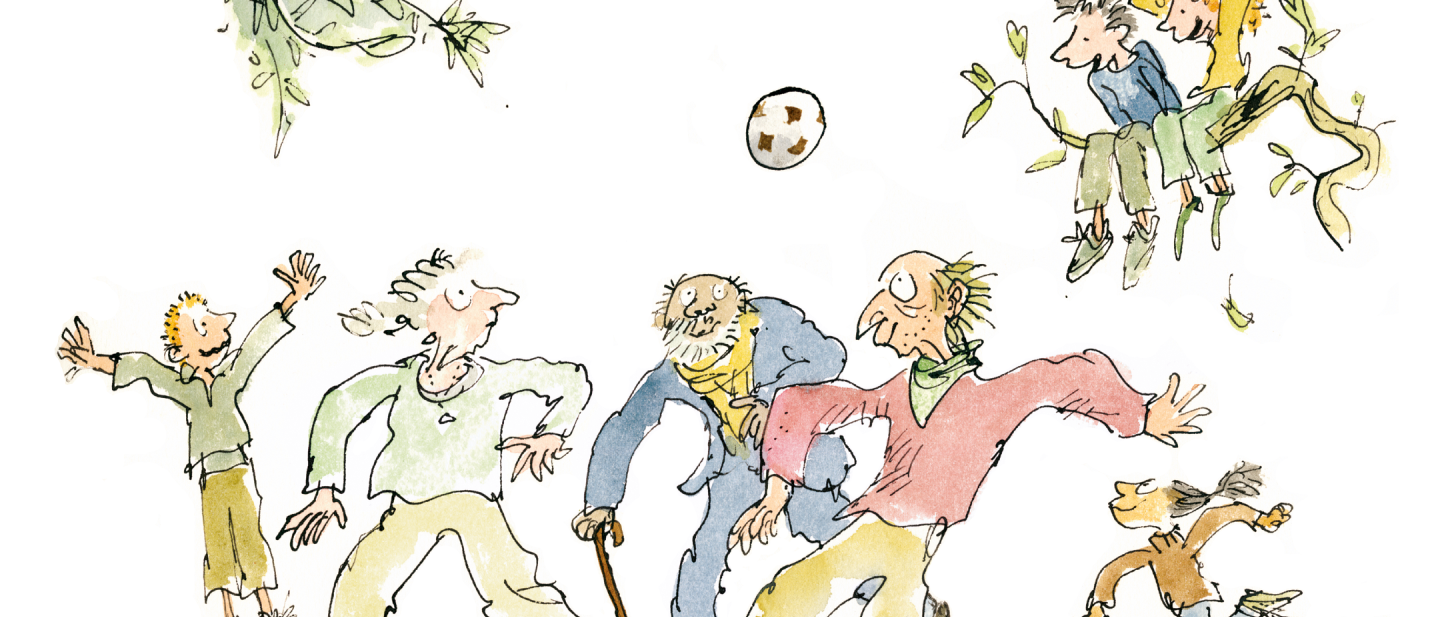 A group of people are playing football in the park in this illustration, while 2 others are watching from a tree