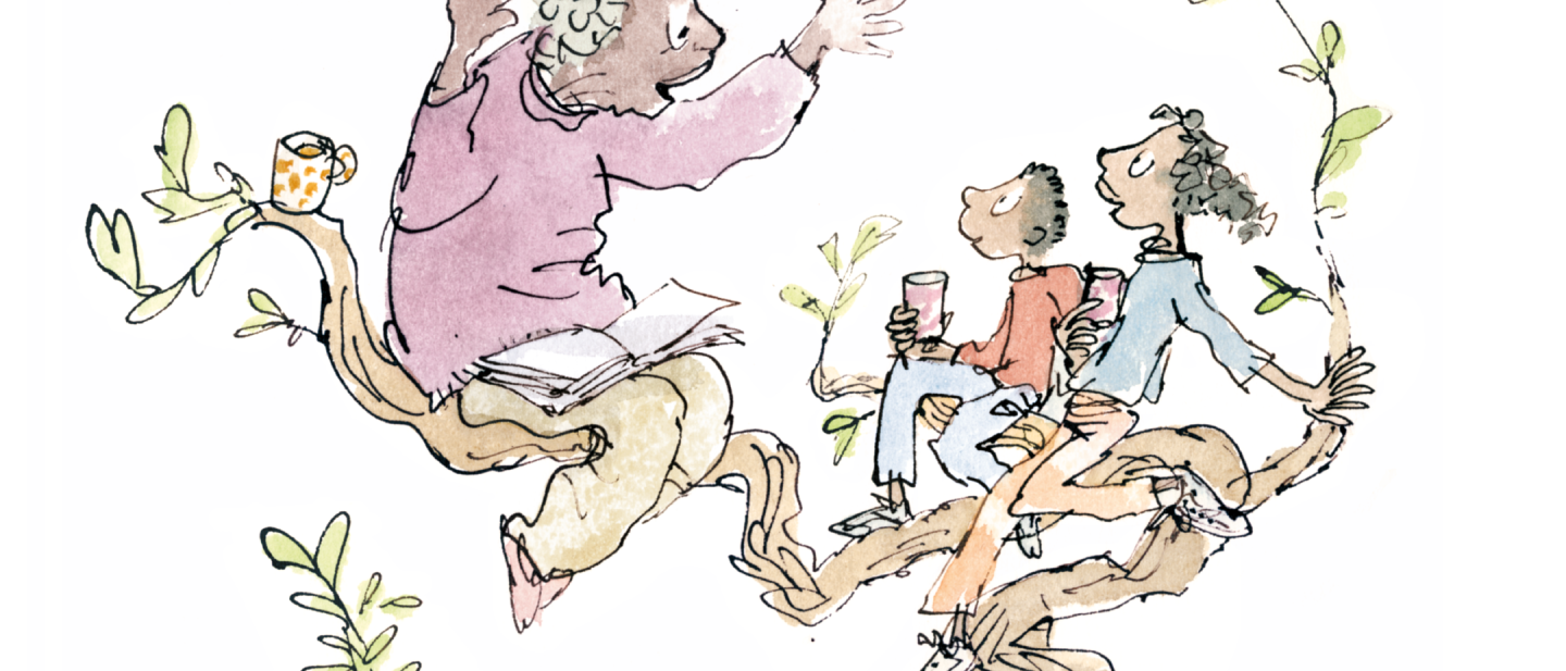 The illustration shows people sitting on branches of a tree. And older person is telling a story to 3 younger people