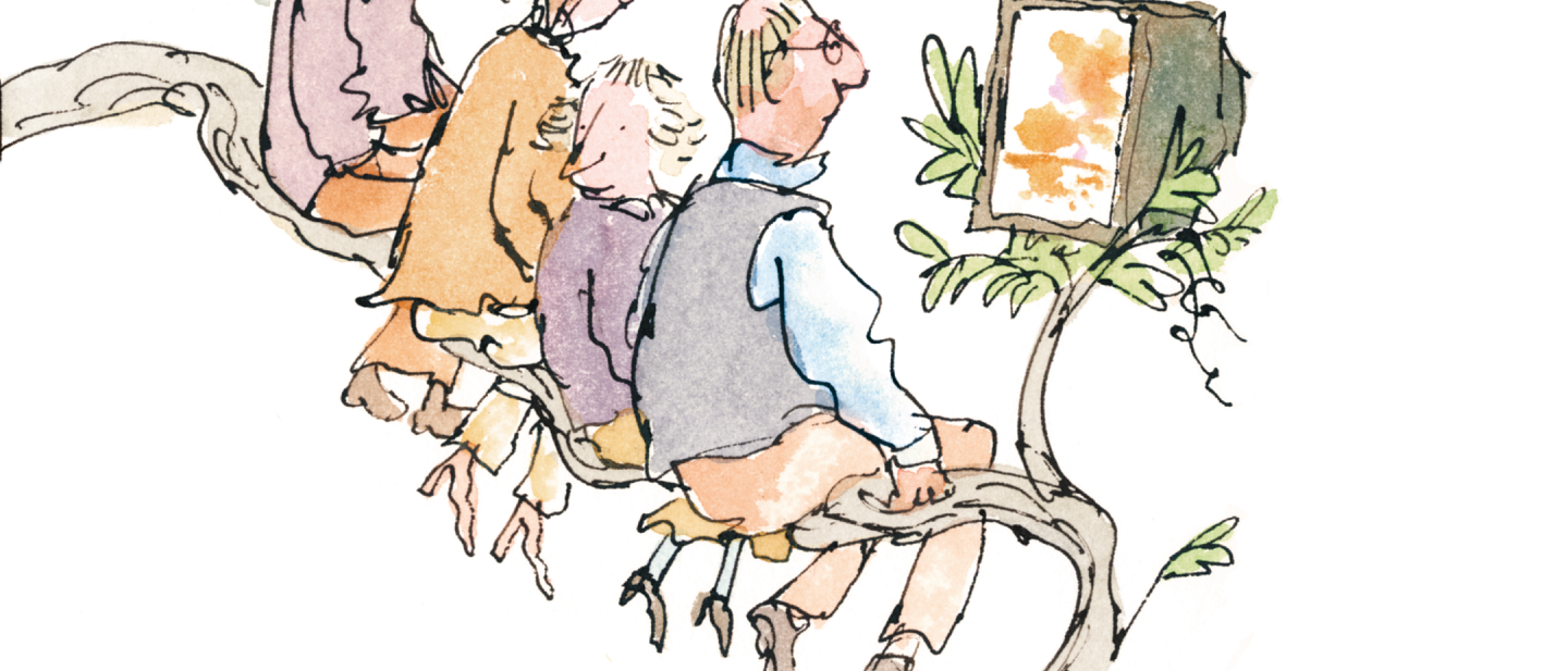 The illustration shows 4 people sitting on the branch of a tree watching tv