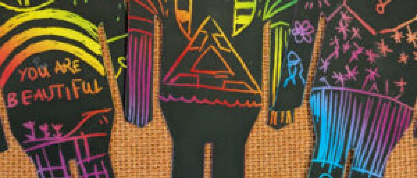 Colourful cut-out art of 3 figures