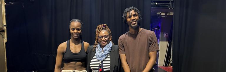 In the picture, left to right: Dance performer Victoria Shulungu, Councillor Elizabeth Kangethe, and Artistic Director Botis Seva. 