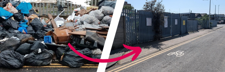 Fly-tipping on Thames road - before and after