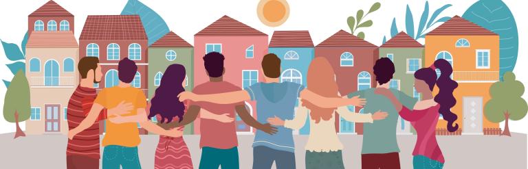 people embracing in a row in front of houses