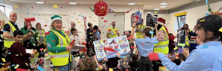 Kids with toys and confetti