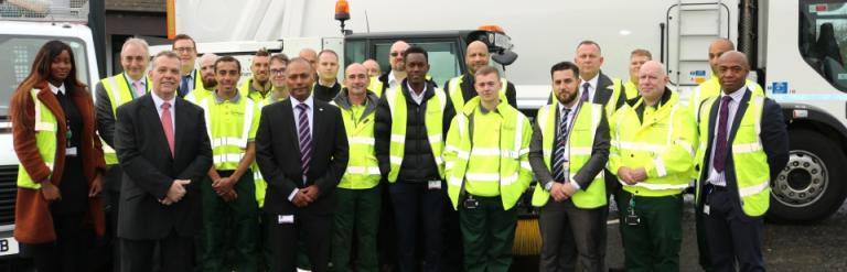 Photo of the new refuse staff, along with the management team, Councillor Syed Ghani and Leader of the Council Darren Rodwell at Frizlands Lane Recycling Centre