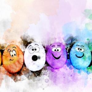 Colourful eggs with different facial expressions surrounded by colourful brush strokes