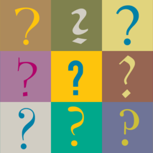 Image of 15 question marks in different fonts and colours in a grid pattern. 