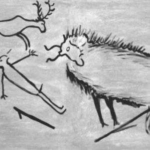 Black and white image of cave paintings