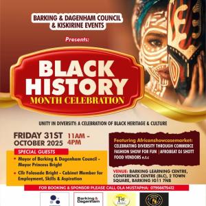 Poster with African visuals and a black woman in tribal face paint. Containing the information that can also be found on the page.