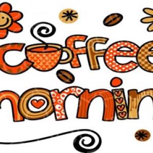 Stylised text saying 'coffee morning' surrounded by brown flowers and coffee beans