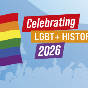 LGBTQ+ History Month text next to a flying intersex inclusive progress flag