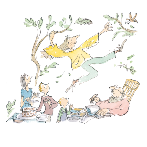 In this illustration a young person is hopping over a group of people who sit under them eating cake or reading